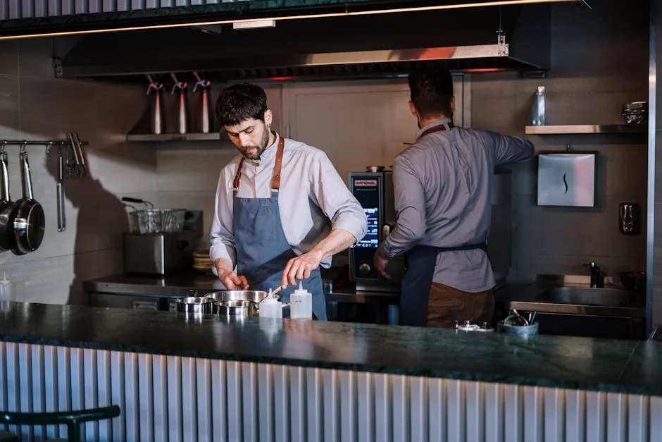 open kitchen with chefs preparing food